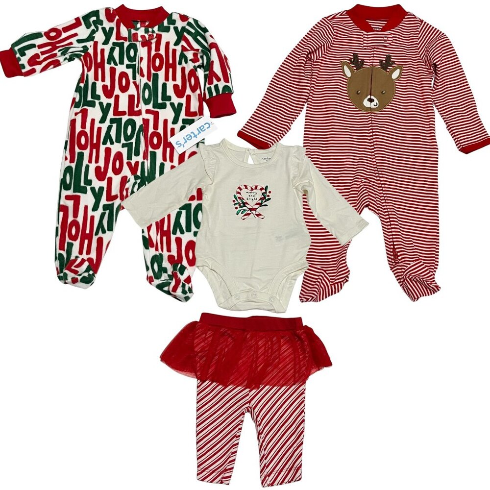 Carters 4 Pc Baby Girl Holiday Outfit Lot 3 Mos Christmas Pjs One Pieces NWT